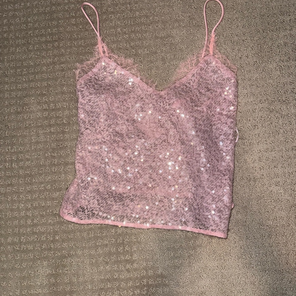 STAUD Pink Lace Sequin Top